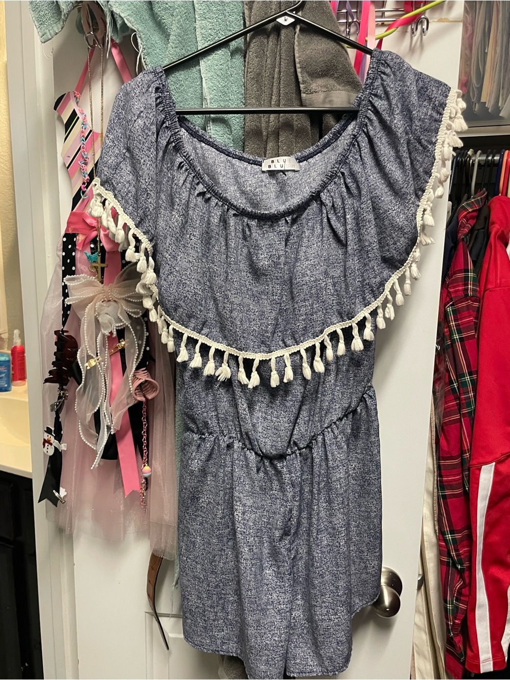 Blue Blush Blue Heathered Peasant Top with Braided Trim